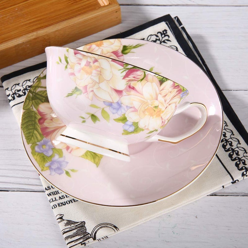 JinGlory Pink Tea Cup,Floral Tea Cup and Saucer Set,Bone China Tea Set,Coffee Cup,Tea Set for Adults/Friends/Women/Men,7OZ - Image 2